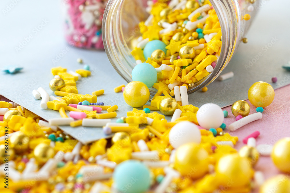 Close-up collection of sprinkles for cake and ice-cream and cookies. Selective focus Close-up collection of sprinkles for cake and ice-cream and cookies. Selective focus