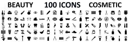 Set 100 beauty spa cosmetology icons with face, eye, legs, cream, oil, moisturizer, make up, nail polish, face cleanser. Beauty and cosmetology collection sign - stock vector
