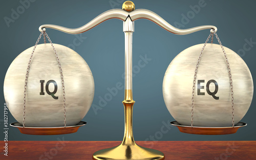 Metaphor of iq and eq staying in balance - showed as a metal scale with weights and labels iq and eq to symbolize balance and symmetry of iq and eq in life or business, 3d illustration photo