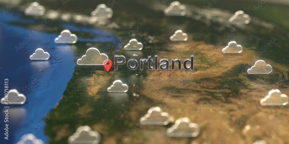 Cloudy weather icons near Portland city on the map, weather forecast related 3D rendering Cloudy weather icons near Portland city on the map, weather forecast related 3D rendering