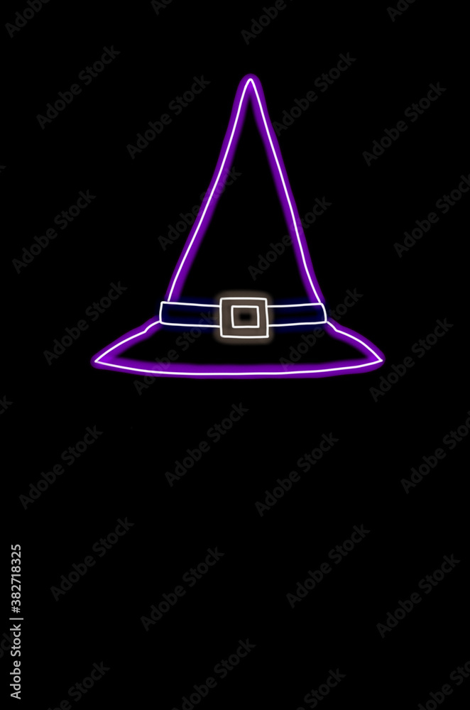 Fototapeta premium Purple neon witch hat silhouette on black background for halloween