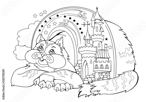 Black and white page for baby coloring book. Illustration of cute dreamy fairyland cat. Printable template for kids. Worksheet with zentangle pattern for children and adults. Hand-drawn image.