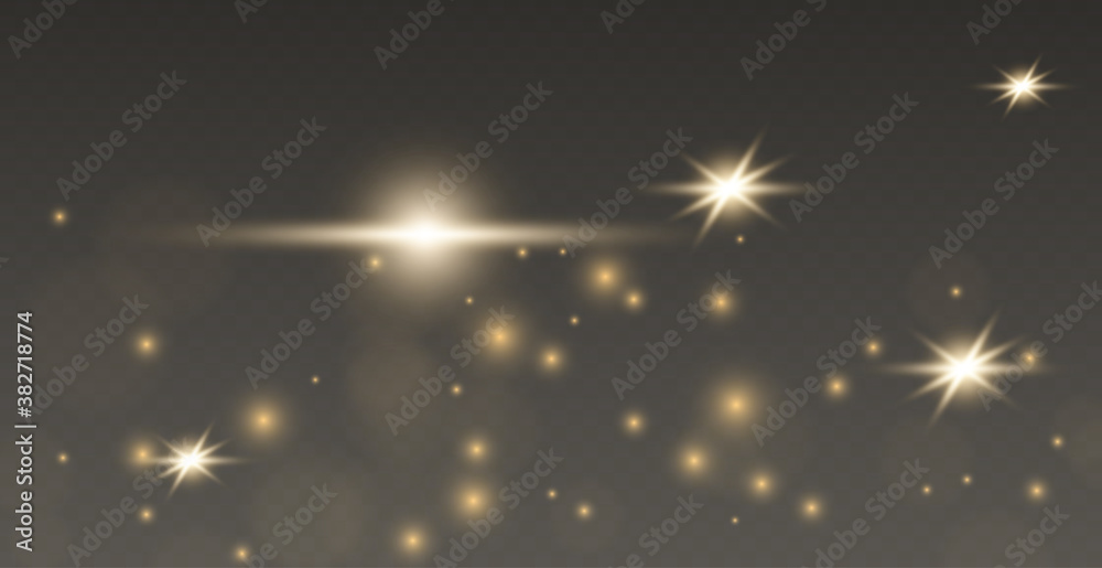 Golden sparks glitter light effect. Ssparkles on transparent background. Christmas magic dust.