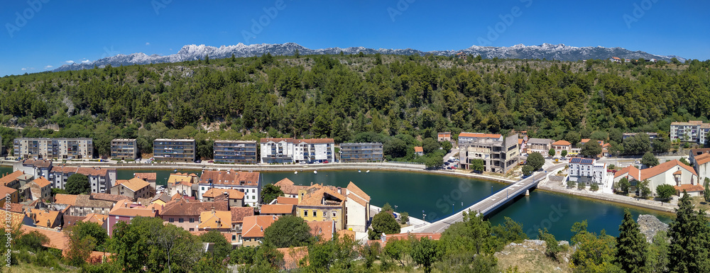 Panoramic view on city Obrovac in northern Dalmatia on river Zrmanja
