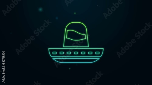 Glowing neon line Traditional mexican sombrero hat icon isolated on black background. 4K Video motion graphic animation