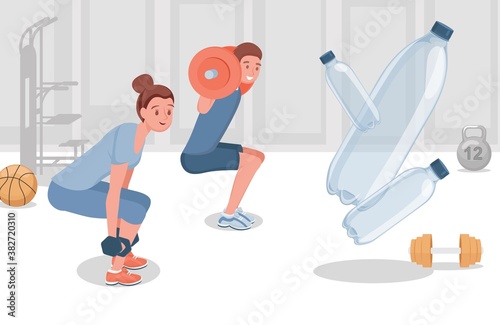 Happy man and woman in sport clothes doing sport exercises in fitness club vector flat illustration. People doing workout and watching on plastic bottles with clean water. Active lifestyle concept.