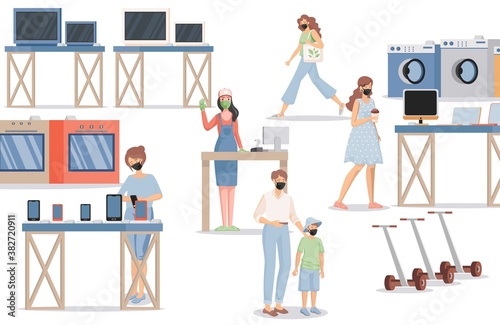 People in electronics store vector flat illustration. Man and women in protective face masks walking in electronics shop and choosing television, smartphones, scooters, and washing machines.