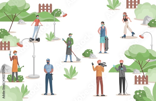 People of different professions doing their work in city park vector flat illustration. Gardener, police officer, anchorman and cameraman, janitor, skater, and roller skater in urban park.