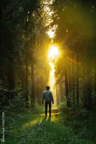 Man in denim jacket in forest during dreamy sunrise with sun rays shining trough the forest. © valdisskudre