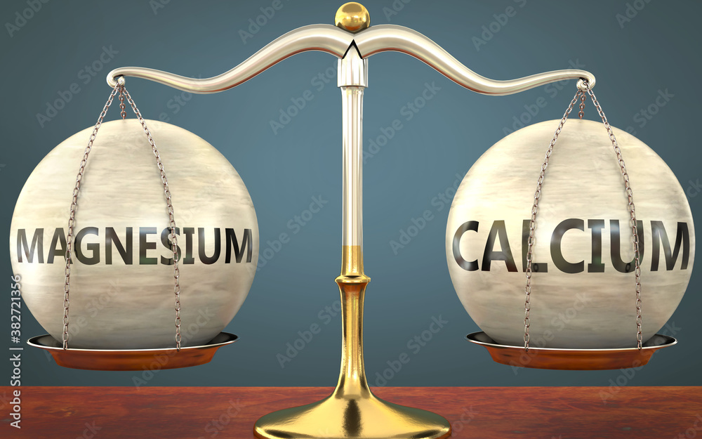 magnesium and calcium staying in balance - pictured as a metal scale with weights and labels magnesium and calcium to symbolize balance and symmetry of those concepts, 3d illustration - obrazy, fototapety, plakaty 
