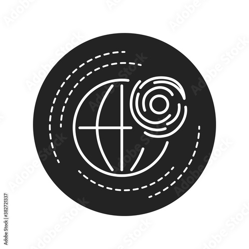 Tropical cyclone black glyph icon. A rapidly rotating storm system characterized by a low-pressure center, a closed low-level atmospheric circulation and strong winds.