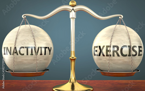 inactivity and exercise staying in balance - pictured as a metal scale with weights and labels inactivity and exercise to symbolize balance and symmetry of those concepts, 3d illustration