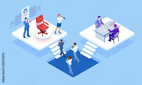 Isometric Online job search and human resource concept. Infographics of Business data visualization. Process chart. Job interview, recruitment agency vector illustration