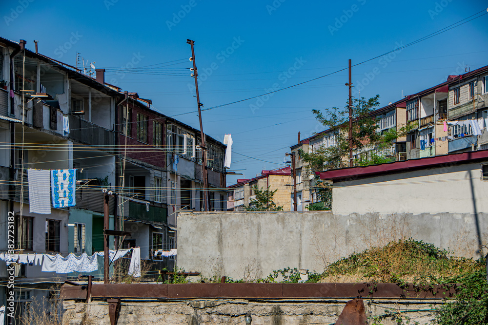 Stepanakert, Artsakh (Nagorno-Karabakh), 7 August 2017. Apartment buildings in the city center of Stepanakert, capital of thze self-proclaimed Republic of Artsakh.