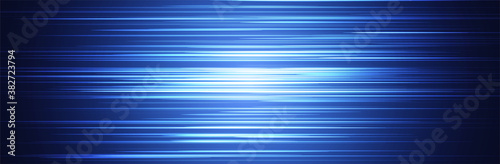 Blue abstract line pattern. Random horizontal stripes. Wide background. Bright center with dark parts around. Information or data transfer concept. Technology vector illustration. Thin lines