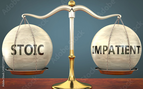 Tableau sur toile stoic and impatient staying in balance - pictured as a metal scale with weights