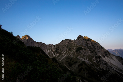 travel germany and bavaria, view at Rubihorn and Gaisalphorn at the break of dawn, Allgäu, Bavaria, Germany