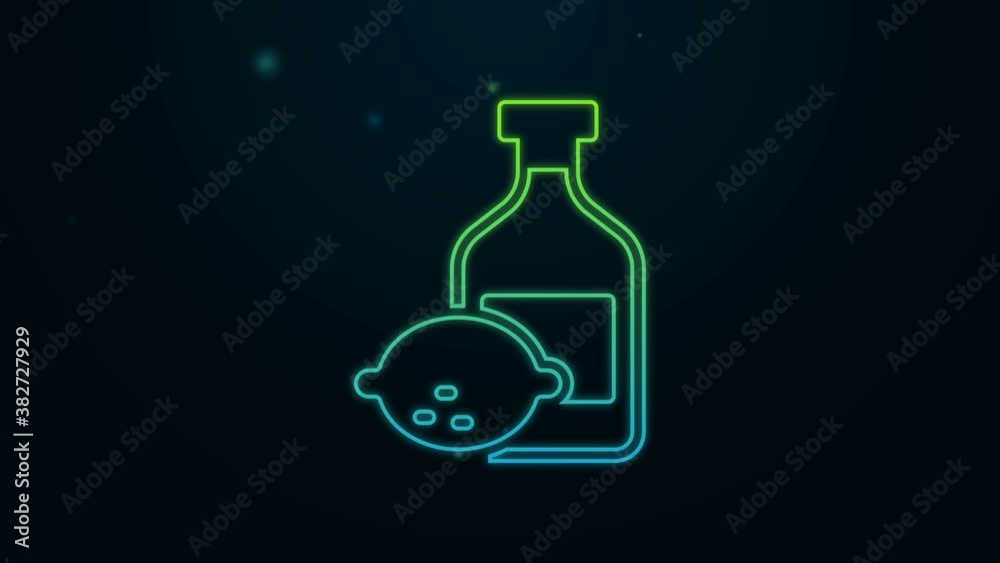 Glowing neon line Limoncello bottle icon isolated on black background. Bottle of fresh homemade lemonade. 4K Video motion graphic animation Glowing neon line Limoncello bottle icon isolated on black background. Bottle of fresh homemade lemonade. 4K Video motion graphic animation