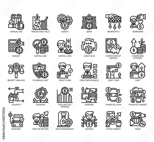 Set of financial literacy thin line and pixel perfect icons for any web and app project.