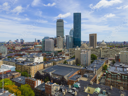 Boston Back Bay skyscrapers including Prudential Tower, John Hancock Tower and Four Seasons Hotel at One Dalton Street, Boston, Massachusetts MA, USA.