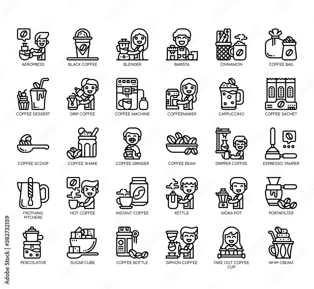 Set of coffee thin line and pixel perfect icons for any web and app project.