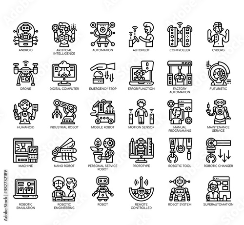 Set of robot thin line and pixel perfect icons for any web and app project.