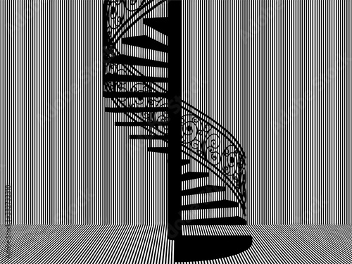 Spiral Staircase Vector. Spiral Staircase Silhouette in Black And White Stripes Room. 