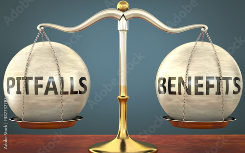 pitfalls and benefits staying in balance - pictured as a metal scale with weights and labels pitfalls and benefits to symbolize balance and symmetry of those concepts, 3d illustration photo