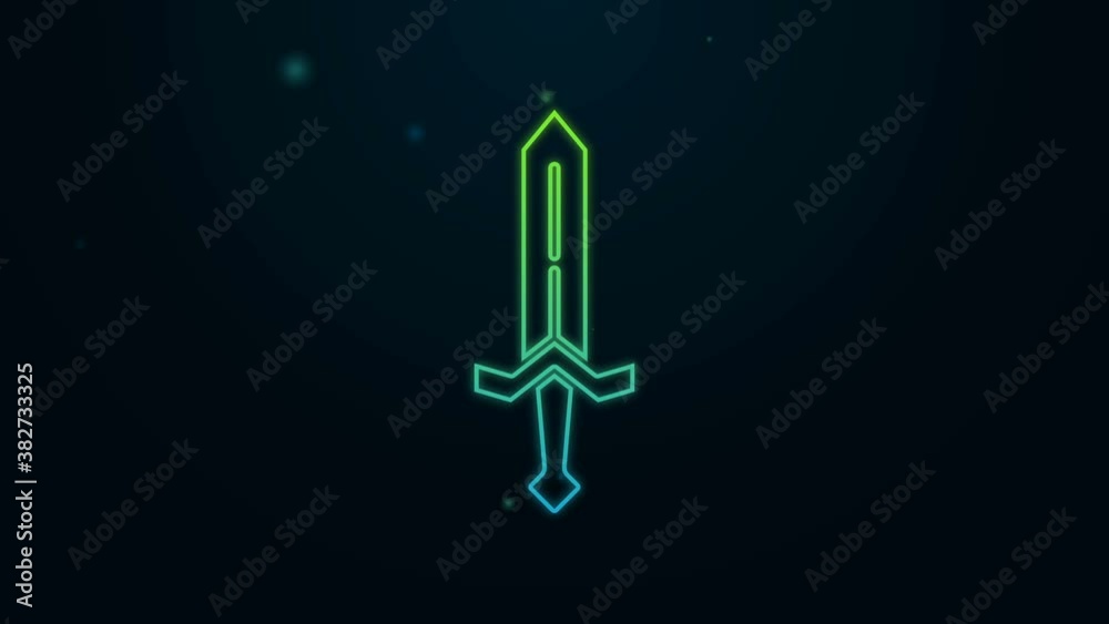 Glowing neon line Medieval sword icon isolated on black background. Medieval weapon. 4K Video motion graphic animation Glowing neon line Medieval sword icon isolated on black background. Medieval weapon. 4K Video motion graphic animation
