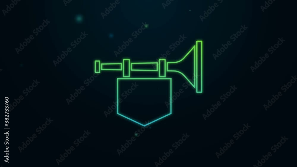 Glowing neon line Trumpet with flag icon isolated on black background. Musical instrument trumpet. 4K Video motion graphic animation Glowing neon line Trumpet with flag icon isolated on black background. Musical instrument trumpet. 4K Video motion graphic animation