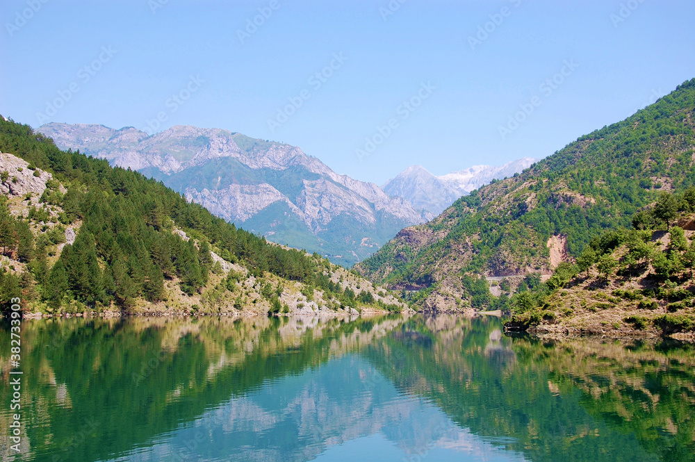 View of the mountains, Lake Koman / Komani Lake, Valbona Valley National Park, Albania, Europe View of the mountains, Lake Koman / Komani Lake, Valbona Valley National Park, Albania, Europe