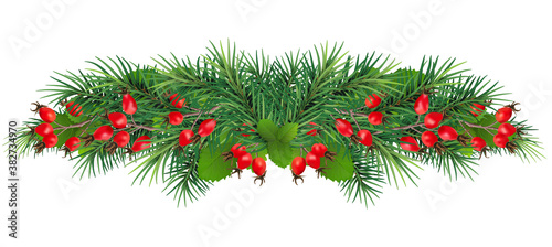 Festive Christmas or New Year garland. Christmas Tree Branches. Holiday's Background.