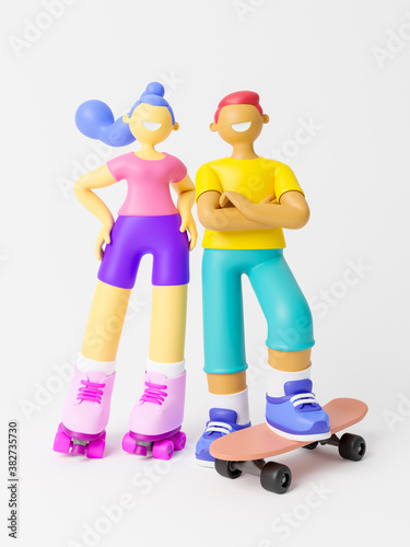 Cute happy young girl and boy roller skater riding. Outdoor healthy sport activity, extreme sport and lifestyle. 3d illustration.