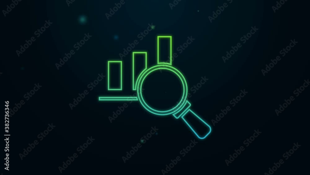 Glowing neon line Magnifying glass and data analysis icon isolated on black background. 4K Video motion graphic animation Glowing neon line Magnifying glass and data analysis icon isolated on black background. 4K Video motion graphic animation