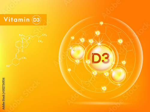 Vitamin D3 and structure. Medicine capsule, Golden substance. 3D Vitamin complex with chemical formula. Personal care and beauty concept. Vector Illustration