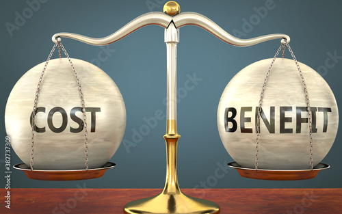 cost and benefit staying in balance - pictured as a metal scale with weights and labels cost and benefit to symbolize balance and symmetry of those concepts, 3d illustration photo