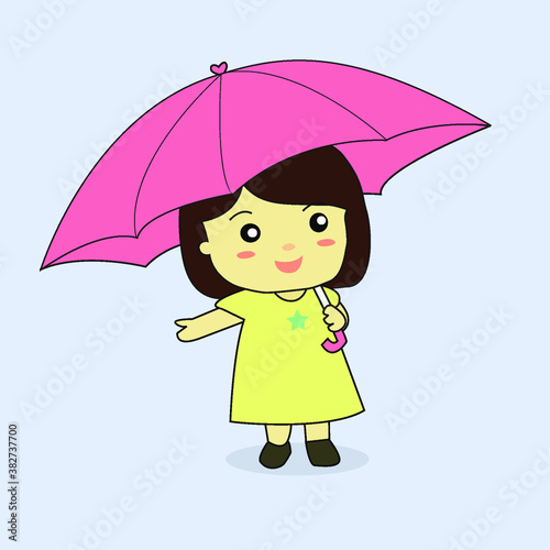 Cute Little Girl Holding Umbrella Vector.