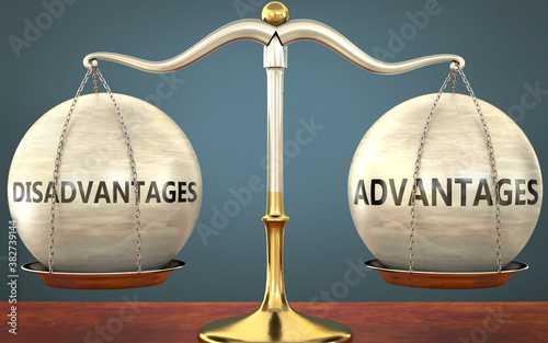 disadvantages and advantages staying in balance - pictured as a metal scale with weights and labels disadvantages and advantages to symbolize balance and symmetry of those concepts, 3d illustration