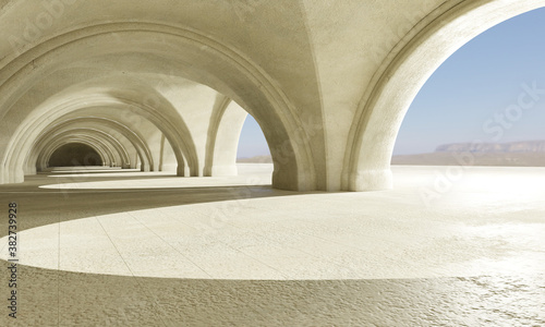 A minimal architecture with majestic arches. A futuristic background with a blue sky. 