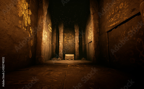 Fantasy background image from an ancient temple inside a cave. Thick walls out of stone and carvings on the walls.  photo