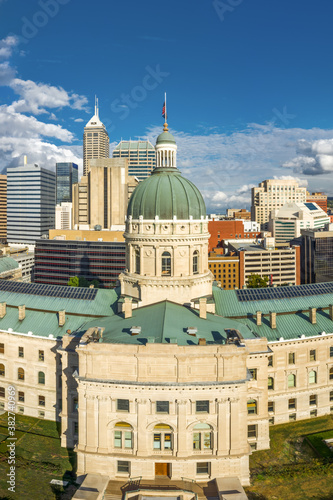 Drone view of the Indiana Statehouse, in Indianapolis. Indiana Statehouse houses the General Assembly, the office of the Governor, the Supreme Court, and other state officials.