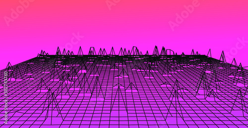Abstract technology background with warped and distorted grid. Vaporwave and synthwave style illustration like in old video arcade games.