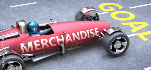 Merchandise helps reaching goals, pictured as a race car with a phrase Merchandise on a track as a metaphor of Merchandise playing vital role in achieving success, 3d illustration
