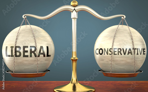 liberal and conservative staying in balance - pictured as a metal scale with weights and labels liberal and conservative to symbolize balance and symmetry of those concepts, 3d illustration