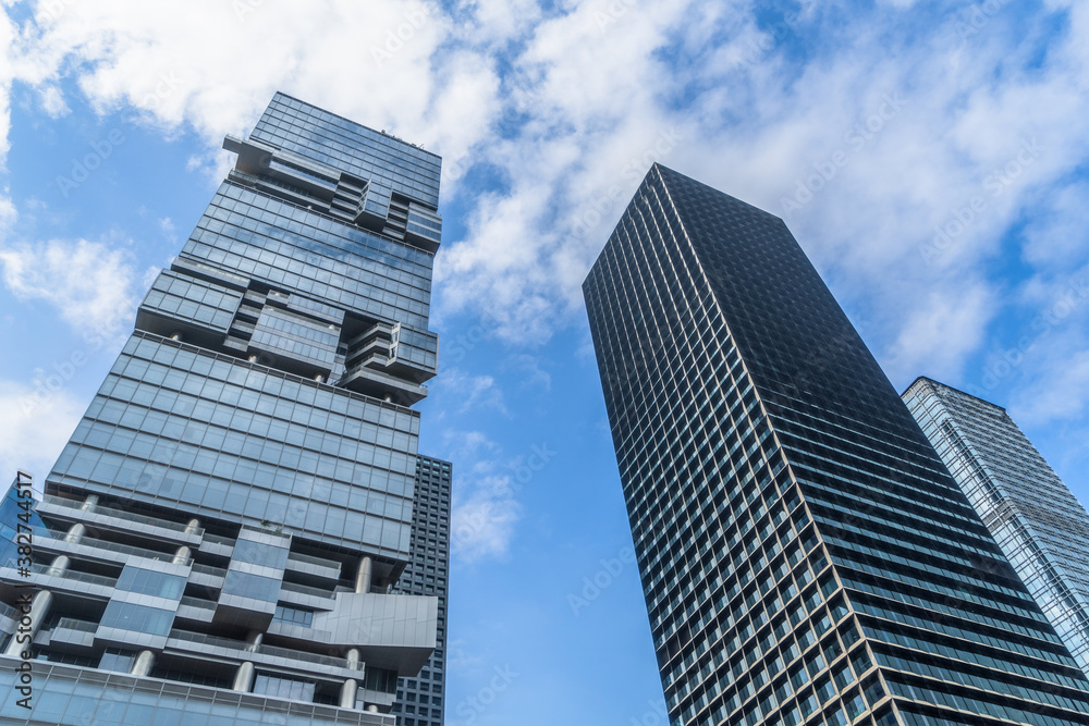 Naklejka premium low angle view of skyscrapers in city of China.