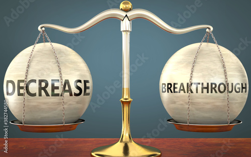 Obraz w ramie decrease and breakthrough staying in balance - pictured as a metal scale with weights and labels decrease and breakthrough to symbolize balance and symmetry of those concepts, 3d illustration