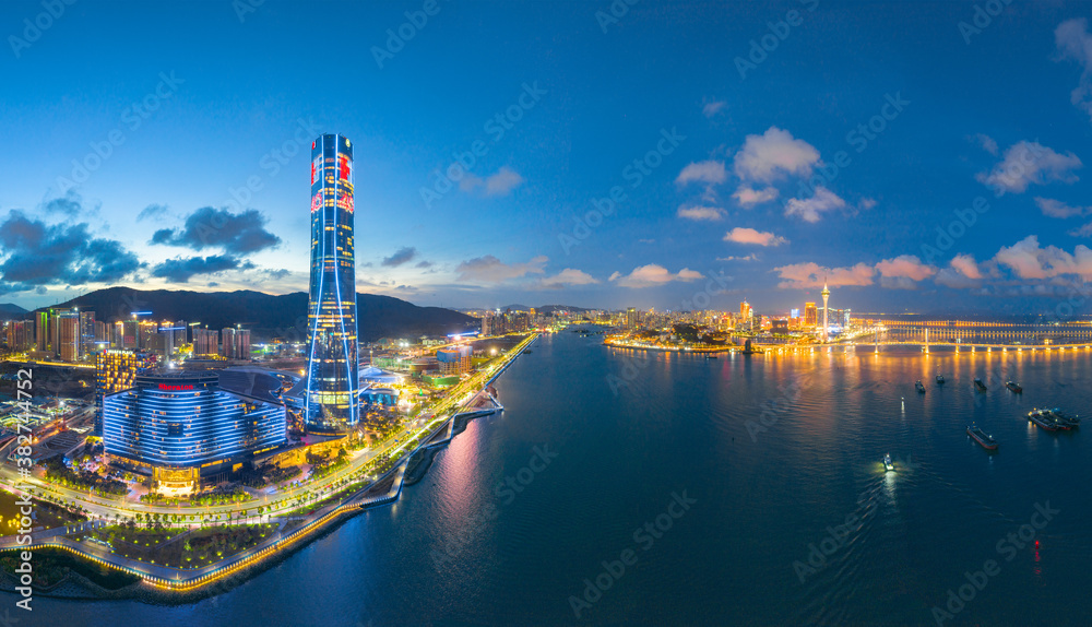 Night aerial view of Zhuhai Central Building, Guangdong Province, China