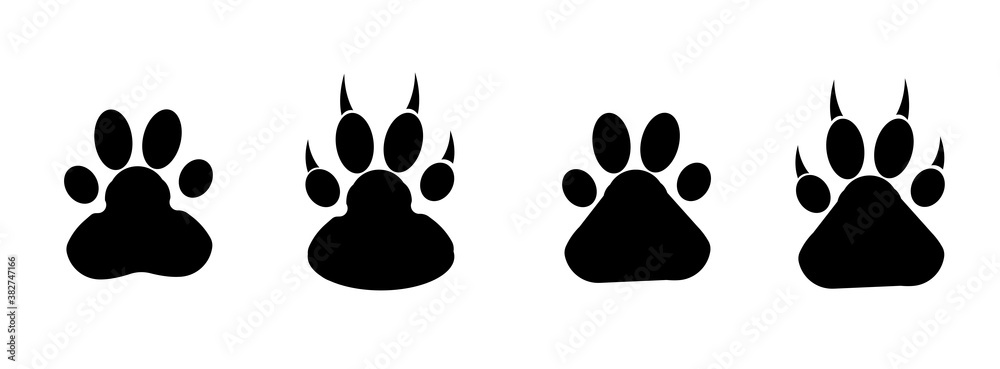 Fototapeta premium black set bundle of different animals foot print steps isolated on white background