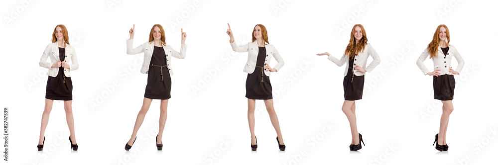 Pretty red hair girl in brown dress isolated on white Pretty red hair girl in brown dress isolated on white