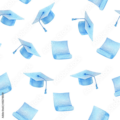 Watercolor seamless pattern blue graduate cap and scroll fly. Cute children's, school illustration with paints.